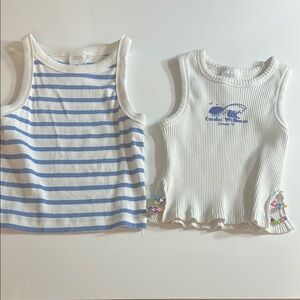Zara Blue and White Striped and Graphic Tank Tops
